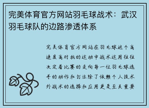 完美体育官方网站羽毛球战术：武汉羽毛球队的边路渗透体系